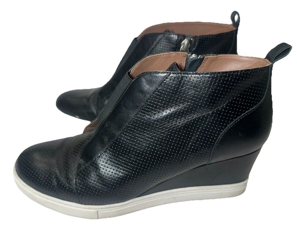 Linea Paolo Felicia Wedge Sneaker Booties Black Perforated Leather 9.5